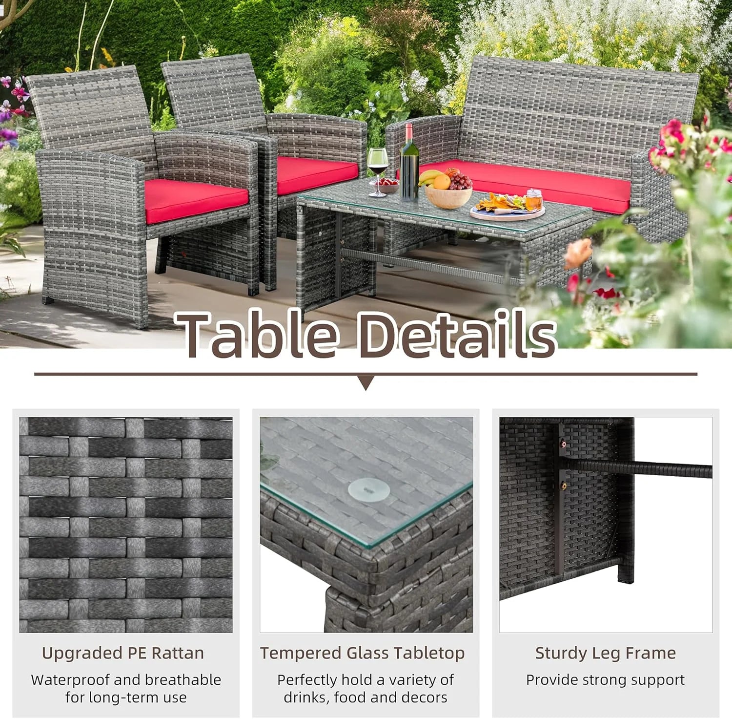 4-Piece Outdoor Gray Wicker Patio Conversation Furniture Set, Rattan Patio Furniture Set with Weather Resistant Cushions and Tempered Glass Tabletop,Red