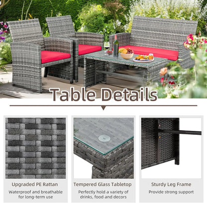 4-Piece Outdoor Gray Wicker Patio Conversation Furniture Set, Rattan Patio Furniture Set with Weather Resistant Cushions and Tempered Glass Tabletop,Red