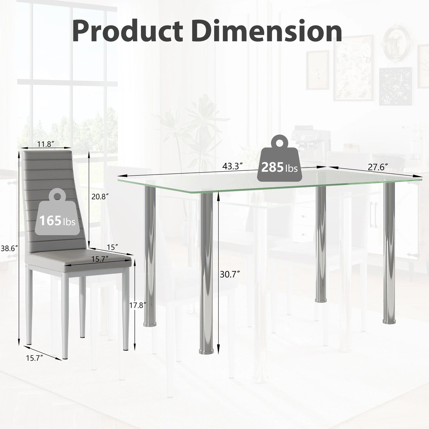 PAPROOS Dining Table Set for 4, Modern Kitchen Table Sets with Tempered Glass Dining Table and 4 PU Leather Chairs, Compact Dining Room Set for Small Space, Home Dinette Set for 4, Gray
