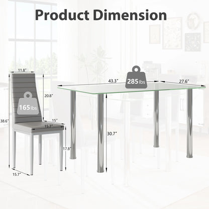PAPROOS Dining Table Set for 4, Modern Kitchen Table Sets with Tempered Glass Dining Table and 4 PU Leather Chairs, Compact Dining Room Set for Small Space, Home Dinette Set for 4, Gray