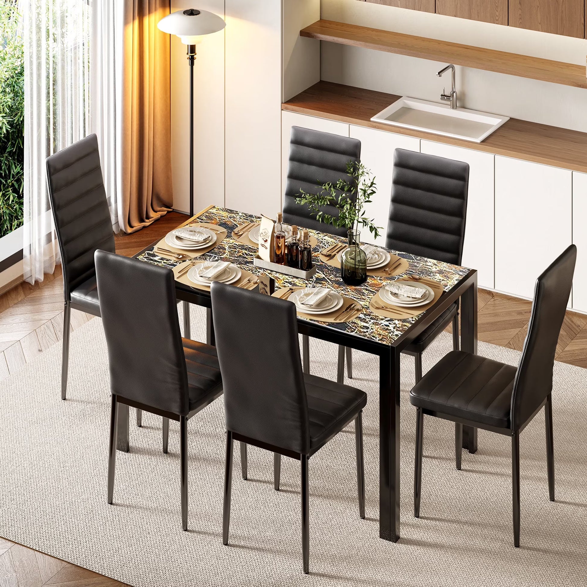 Asofer Modern 7 Piece Dining Table Sets for 6, Glass Kitchen Table, PU Leather Chair, Dining Room, Black