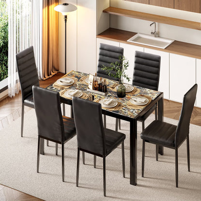 Asofer Modern 7 Piece Dining Table Sets for 6, Glass Kitchen Table, PU Leather Chair, Dining Room, Black