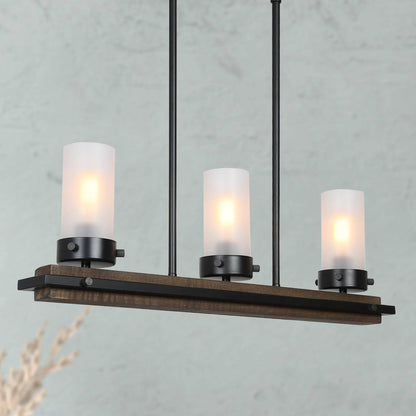 LNC Farmhouse Wood & Black 3-Light Linear Chandelier with Frosted Glass, Adjustable