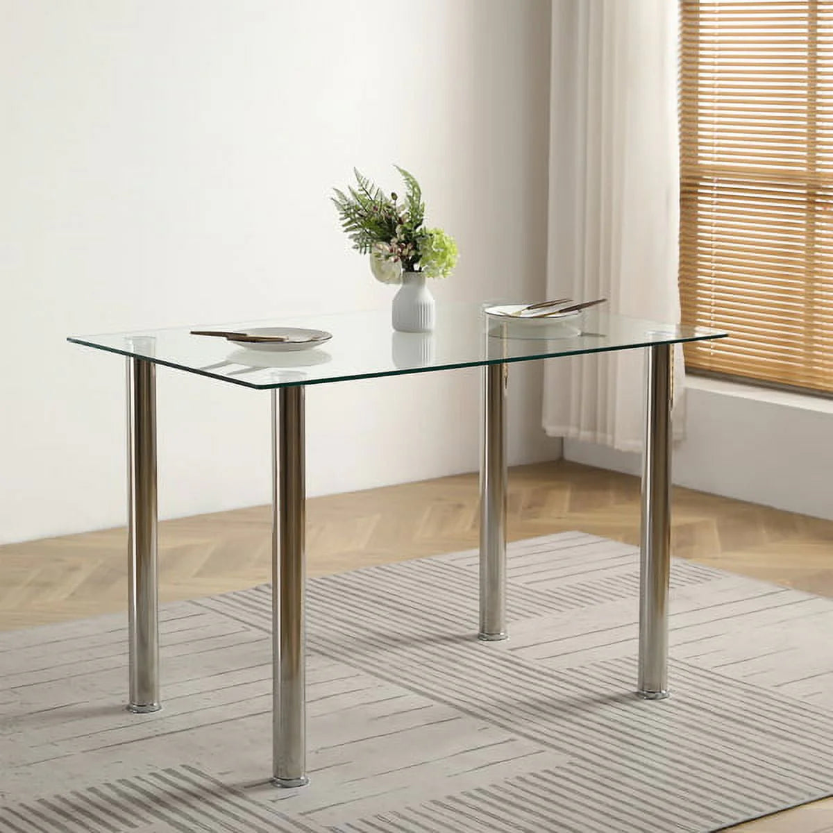4-seat Simple 日ectangular Cylindrical Leg Table Tempered Glass Stainless Steel Clear Glass 110 * 70 * 75cm