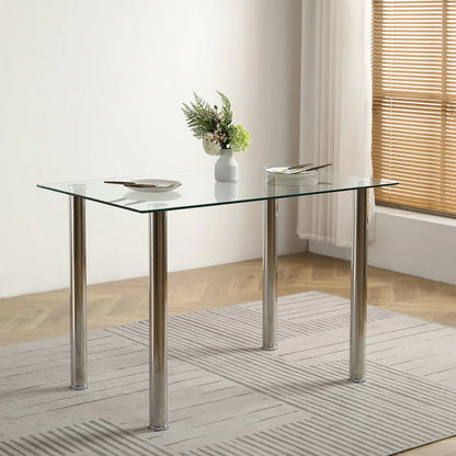 4-seat Simple 日ectangular Cylindrical Leg Table Tempered Glass Stainless Steel Clear Glass 110 * 70 * 75cm
