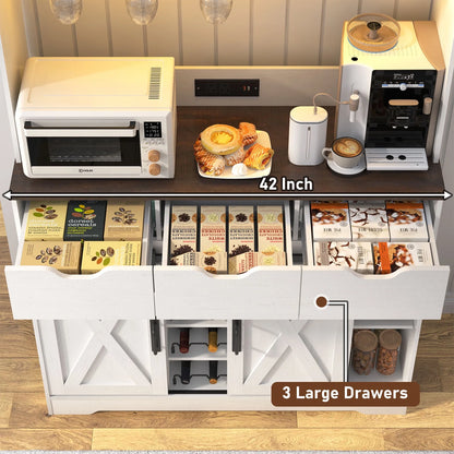 72" Tall Kitchen Pantry with LED Light & Power Outlet & Wine Rack, Large Pantry Hutch Cabinet with Sliding Barn Door & Glass Doors & 4 Drawers