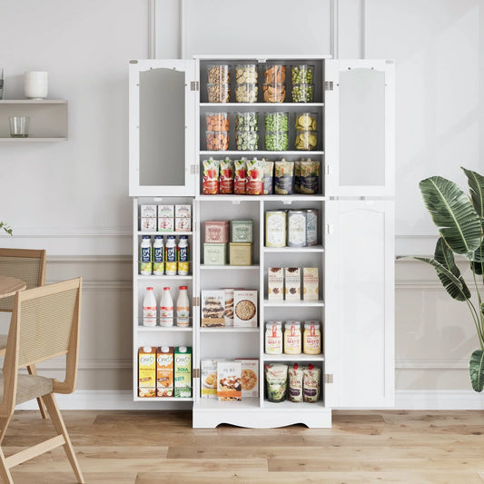 Homfa Kitchen Food Pantry Cabinet, 63.5'' Tall Storage Cabinet with Frosted Glass Doors and Adjustable Shelves, White
