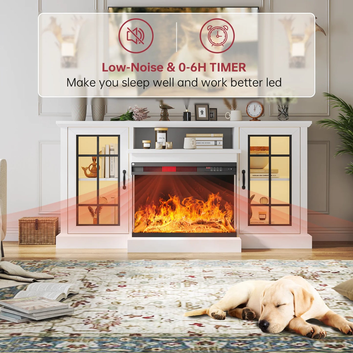 Easoger 59'' Fireplace TV Stand for TVs up to 65", 12 Flame Colors&12 LED Light Colors, TV Console with 3-Sided Glass Fireplace, for Living Room, White