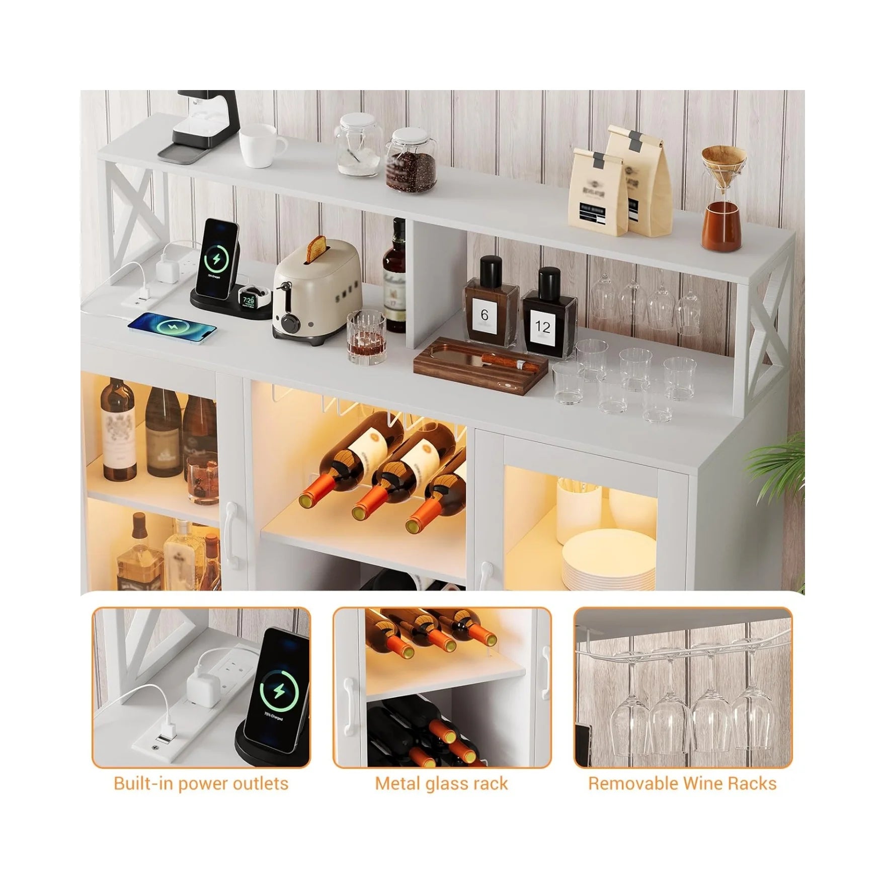 Home Wine Bar Cabinet with LED Light, Industry Coffee Bar Cabinet with Wine Rack, Glass Holder, and Power Outlets, Kitchen Sideboard Buffet Cabinet for Living Room Dining Room