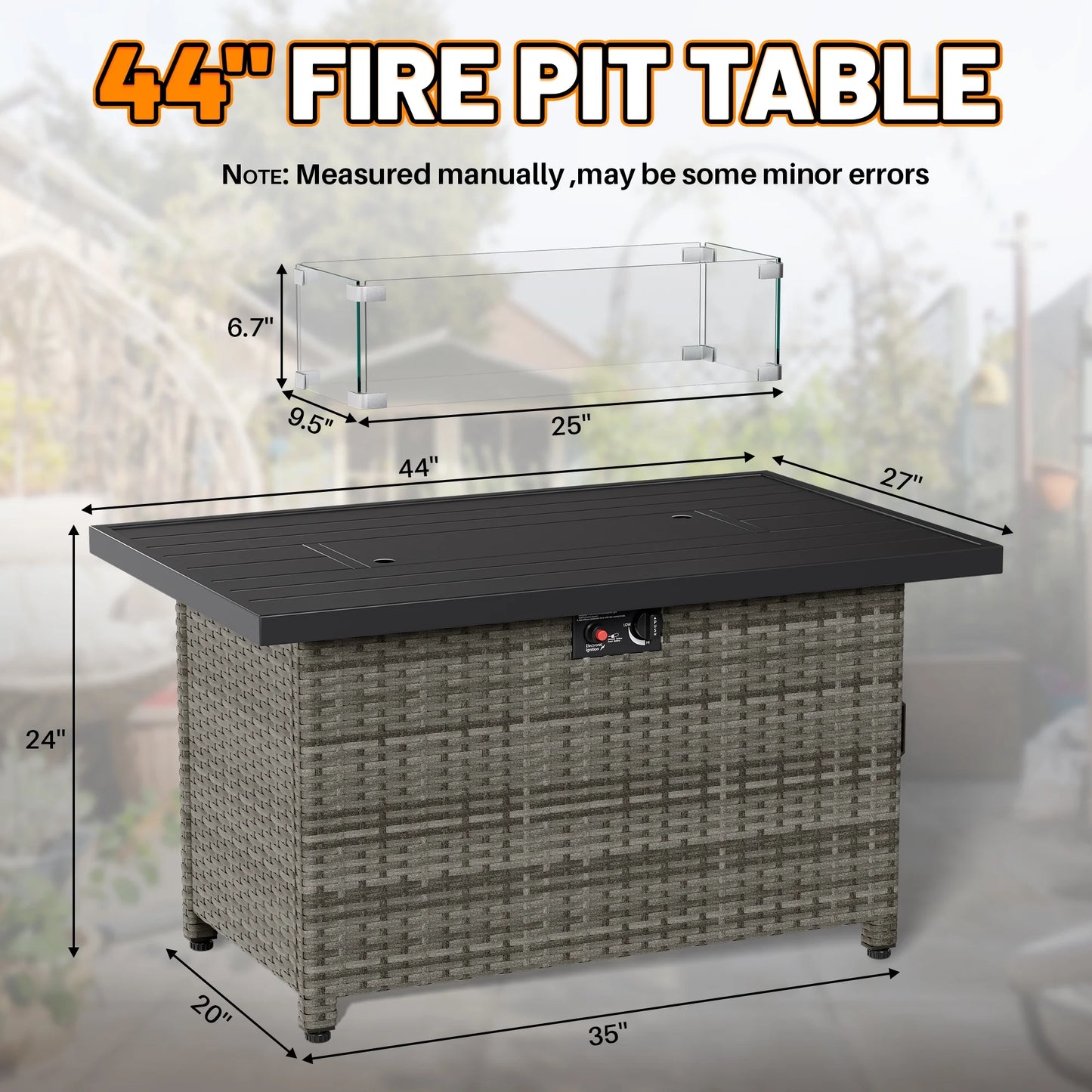 44 Inch Outdoor Wicker Fire Pit Table, 50000 BTU Propane Fire Pits with Glass Wind Guard and Lid, Patio Gas Fire Pit for Outside Patio and Garden(Brown)