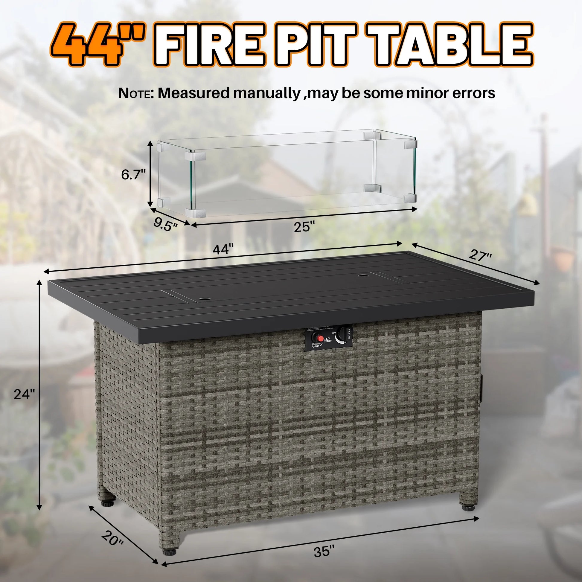 44 Inch Outdoor Wicker Fire Pit Table, 50000 BTU Propane Fire Pits with Glass Wind Guard and Lid, Patio Gas Fire Pit for Outside Patio and Garden(Brown)