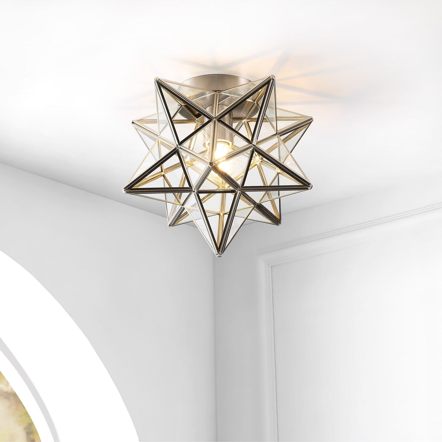 JONATHAN Y Lynn Moravian Star Metal/Clear Glass LED Flush Mount, by JONATHAN Y - 12" Nickel