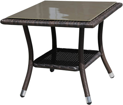 Outdoor End Table Rattan Square Glass Top, Aluminum Frame, Espresso Brown