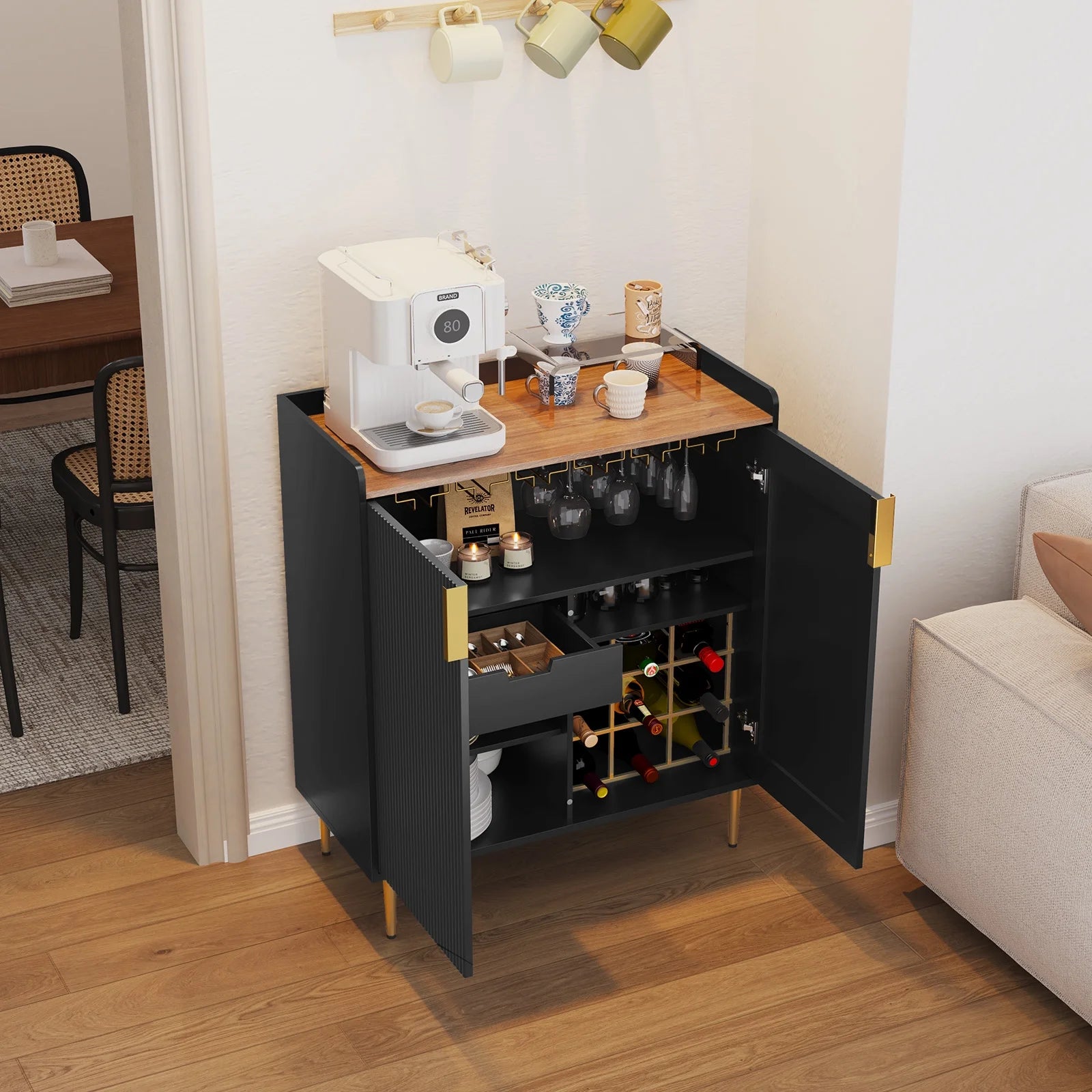 CBJCBJ 32" Wine Bar Cabinet with 2 Door Fluted Texture, Modern Coffee Cabinet with Rack& Glass Holder, Black