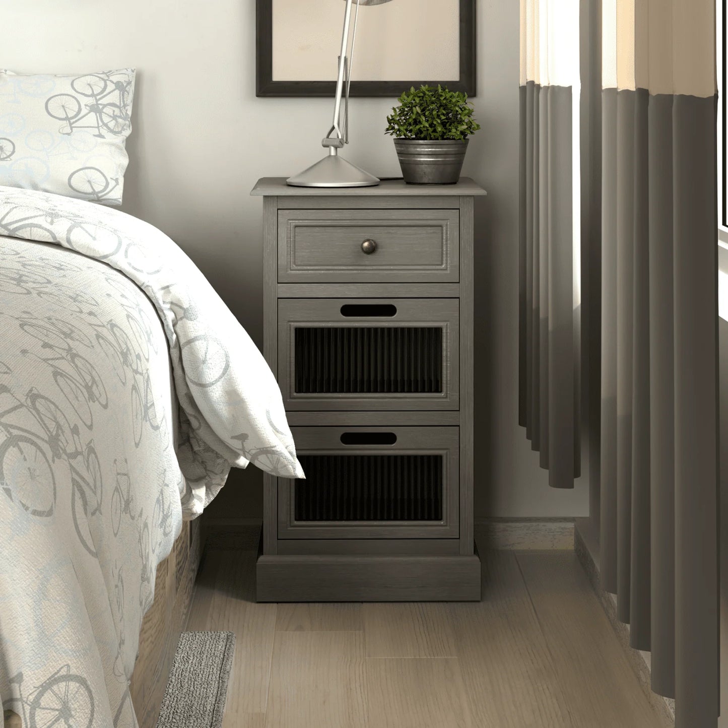 COZAYH Mid Century Modern Nightstand, Fully Assembled Nightstand with 3 Reeded Glass Front Drawers, Distressed Gray Nightstand with Antique Brass Knob and Metal Glide, 27.5°?Tall