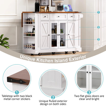 Euroco 53'' Farmhouse Kitchen Island with Two Tempered Glass Cabinet DoorsRolling Kitchen Cart on Wheels