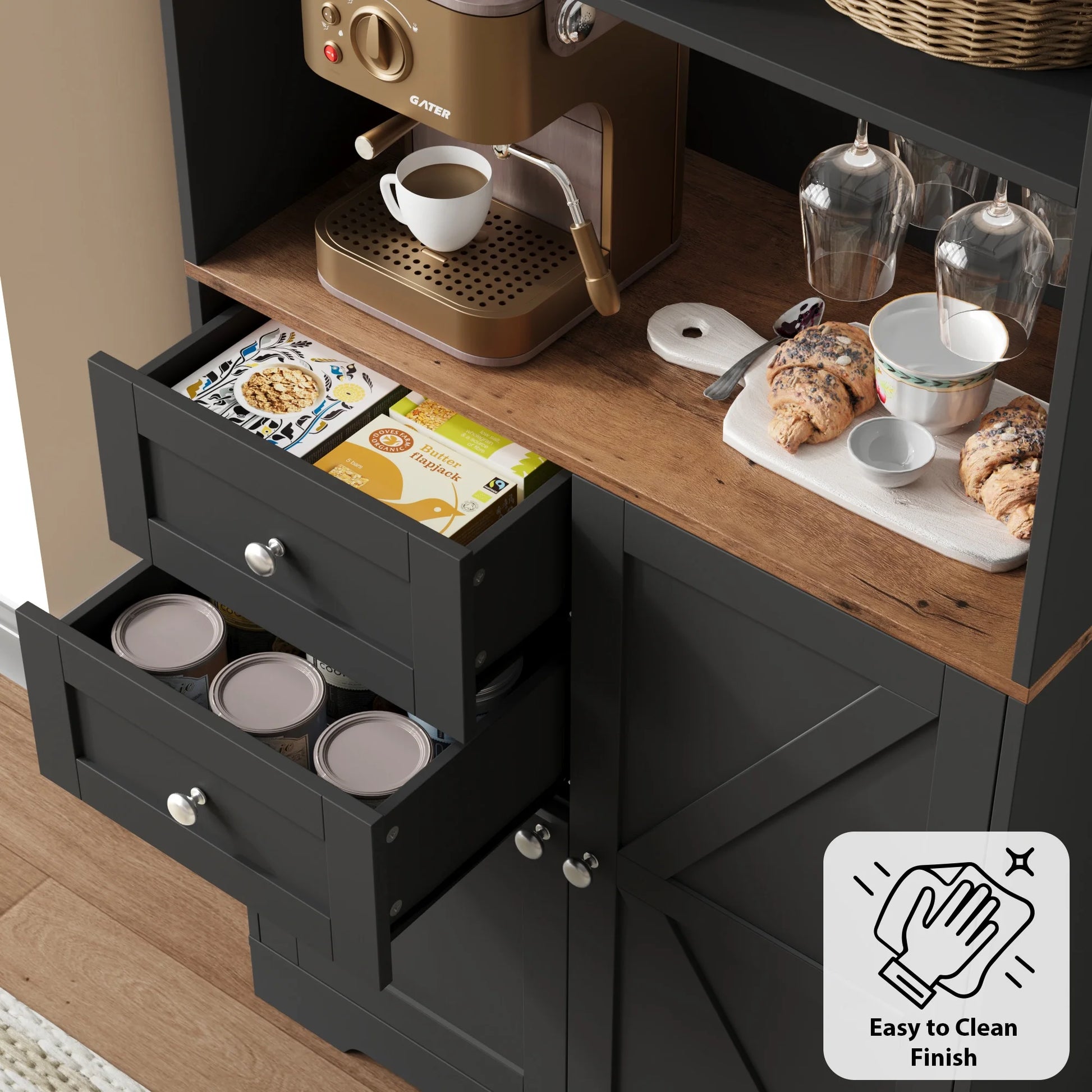 Homfa 75.2'' Kitchen Pantry Storage Cabinet with Wine Rack & Adjustable Shelf, 2 Drawer Modern Farmhouse Buffet with Glass Door for Dining Room Living Room, Black