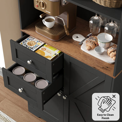 Homfa 75.2'' Kitchen Pantry Storage Cabinet with Wine Rack & Adjustable Shelf, 2 Drawer Modern Farmhouse Buffet with Glass Door for Dining Room Living Room, Black