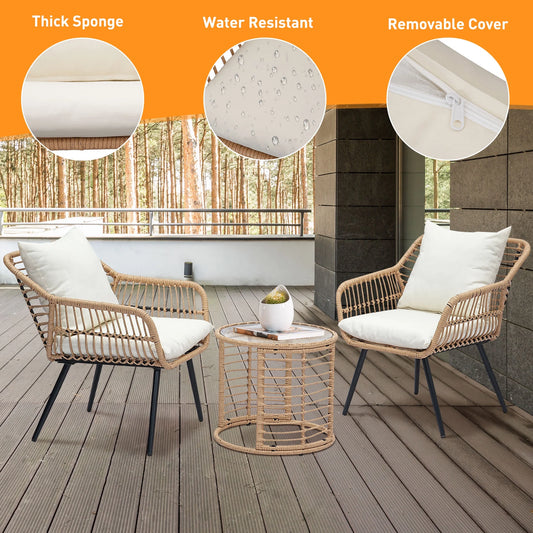 Ainfox 3-Piece Steel Outdoor Bistro Sets with Metal Chairs and Glass Top Table, Beige