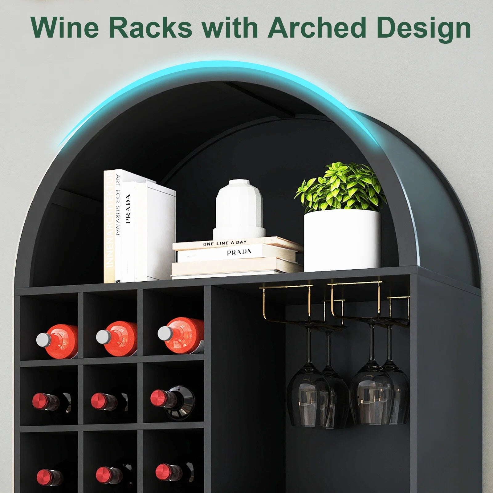 COSVALVE 71" Arched Bar Cabinet with Glass Holder, Wine Rack, Shelves, Doors, Arch Bookshelf (Black)