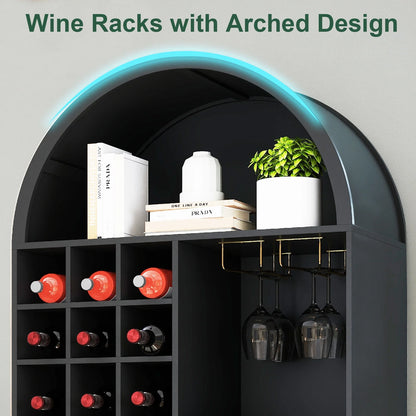 COSVALVE 71" Arched Bar Cabinet with Glass Holder, Wine Rack, Shelves, Doors, Arch Bookshelf (Black)
