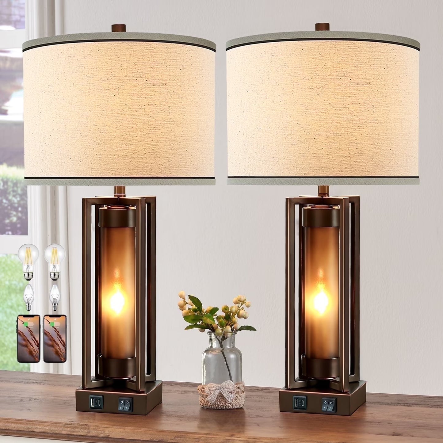RORIA 24° F Modern Living Room Table Lamp 2-Piece Set with 2 USB Charging Ports, Built-in White Frosted Glass with Night Light, Black Vintage Rustic Farmhouse Lamp for Bedroom Nightstand Lamps