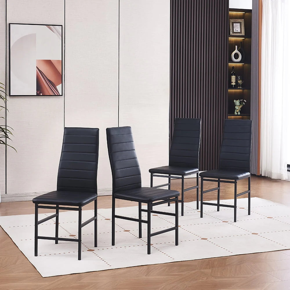 Dining Table Set for 4, 5 Piece Kitchen Table and Chairs with Black Tempered Glass Table Top and 4 Black Faux Leather Metal Frame Chairs,47.2" x 27.5" x 29.5"