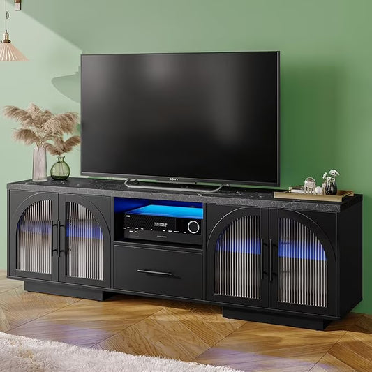 TV Stand for 75 inch TV, LED TV Stand for Living Room,70" Entertainment Center with Arched Glass Doors, Faux Marble Wood Finish Top, Adjustable Shelves, and LED Lighting, Black