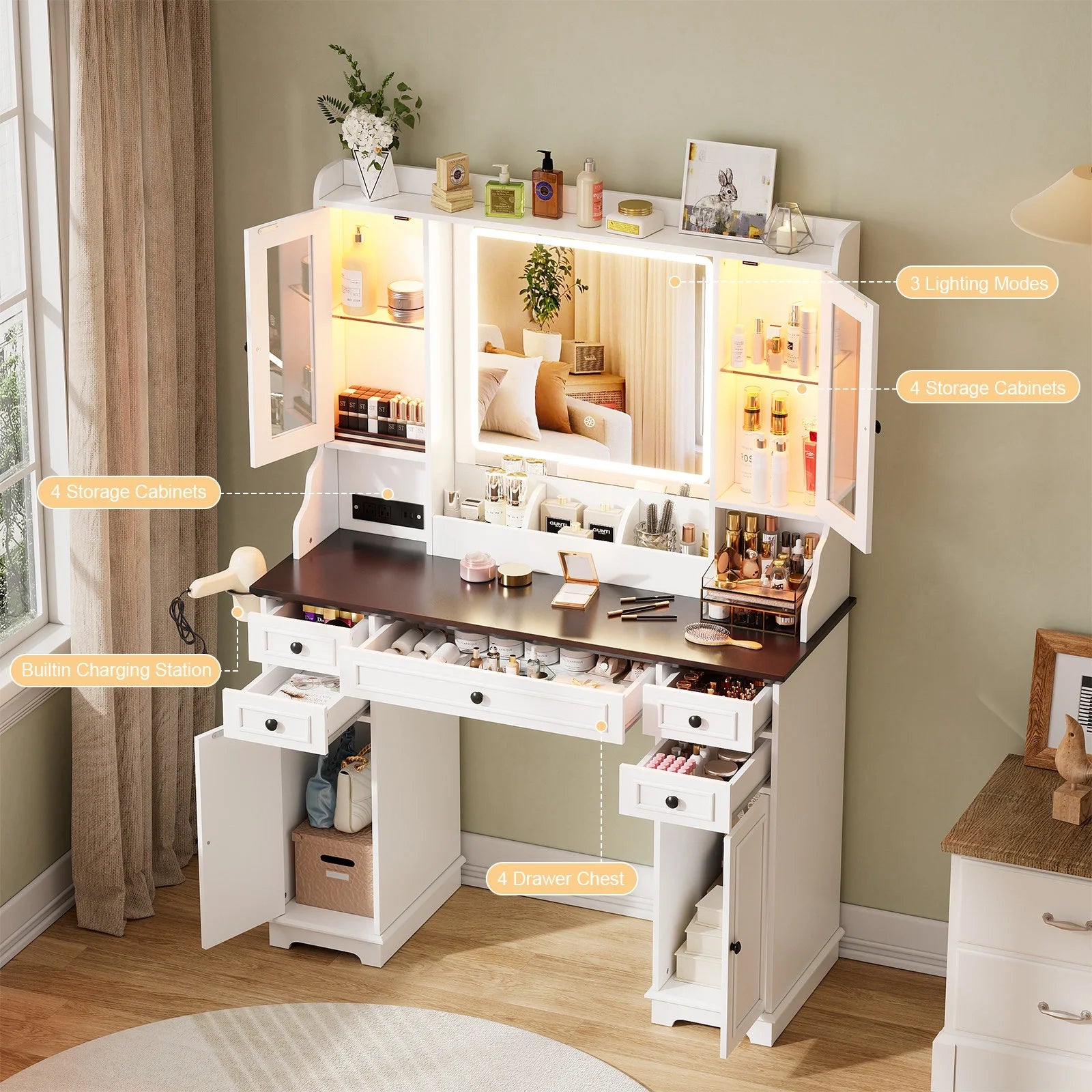 Farmhouse Makeup Vanity Desk with Mirror and Lights, Vanity Table with Glass Tabletop, Charging Station, 5 Drawers, Side Cabinet, Storage Shelves for Bedroom, White by TZUTOGETHER