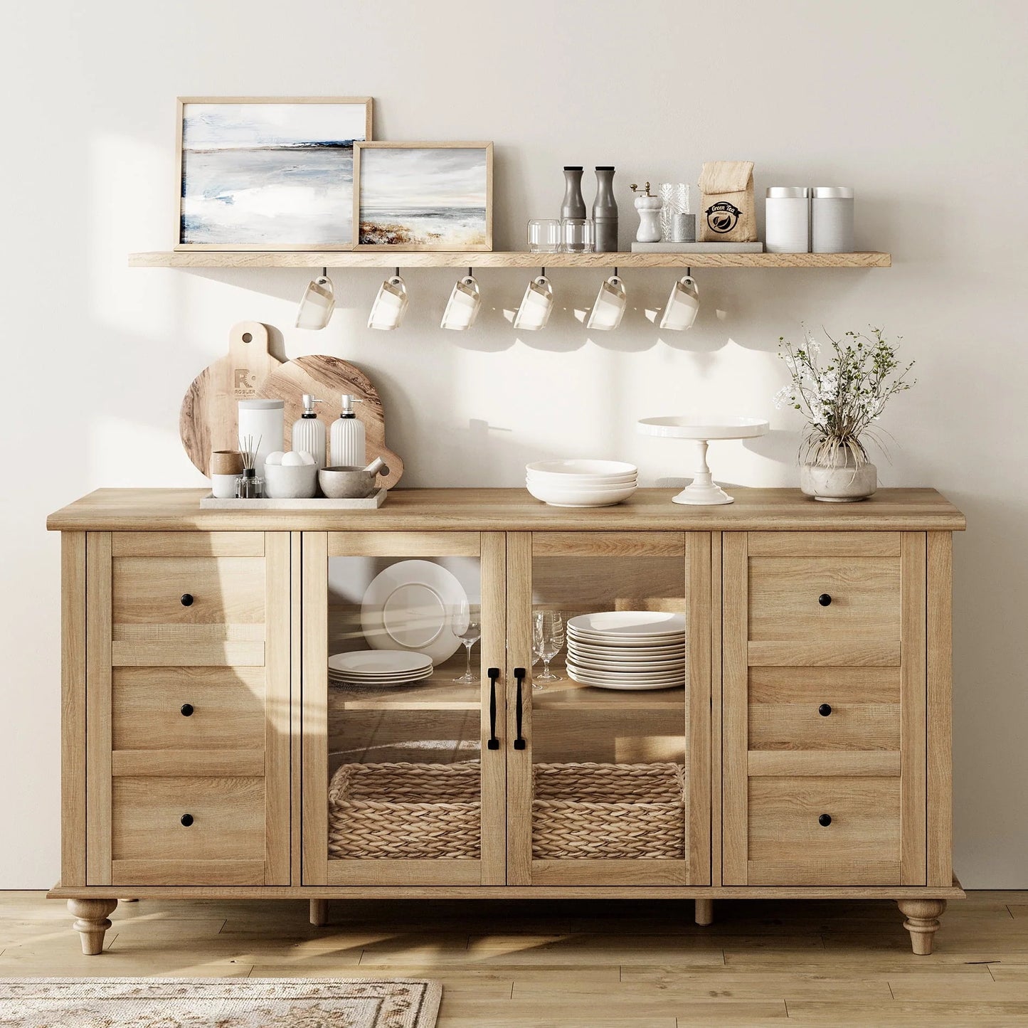 WAMPAT Sideboard Buffet Cabinets with Glass Door, Kitchen Storage Cabinets, Wood Coffee Bar Tables, Accent Sideboard Storage Cabinet Table Dining Room, Living Room,Oak