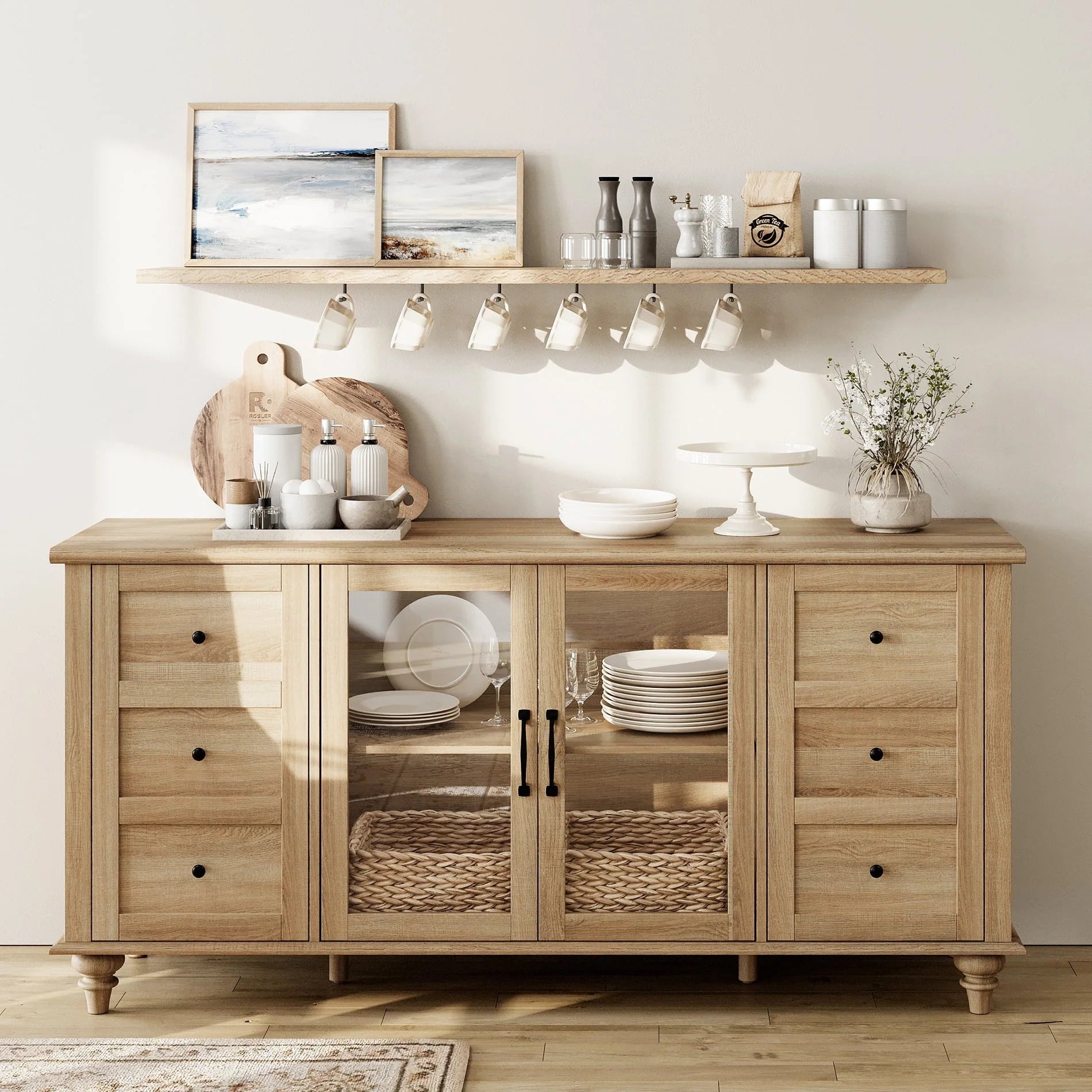 WAMPAT Sideboard Buffet Cabinets with Glass Door, Kitchen Storage Cabinets, Wood Coffee Bar Tables, Accent Sideboard Storage Cabinet Table Dining Room, Living Room,Oak