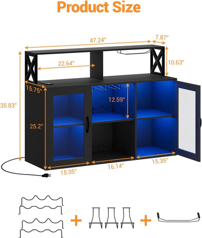 Luku Bar/Liquor Cabinet with Power Outlets Led Lights and Glass Holder, for Home, Kitchen, Gray