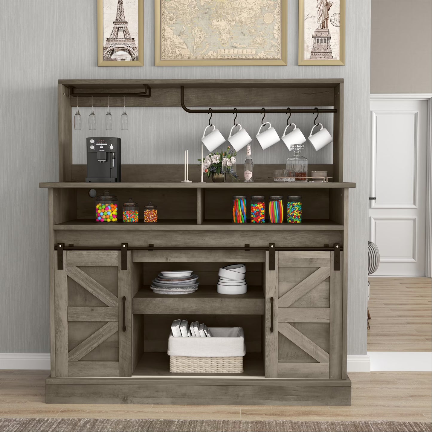 Dextrus 47" Farmhouse Coffee Bar Cabinet,Buffet Cabinets with Power Socket, Wine Glass Rack, Barn Door for Kitchen Black