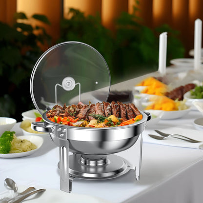Chafing Dish Buffet Set 4 Pack: TINANA 5QT Stainless Steel Chafing Dishes with Glass Lid & Lid Holder, Round Food Warmers for Parties, Events, Wedding-Gold