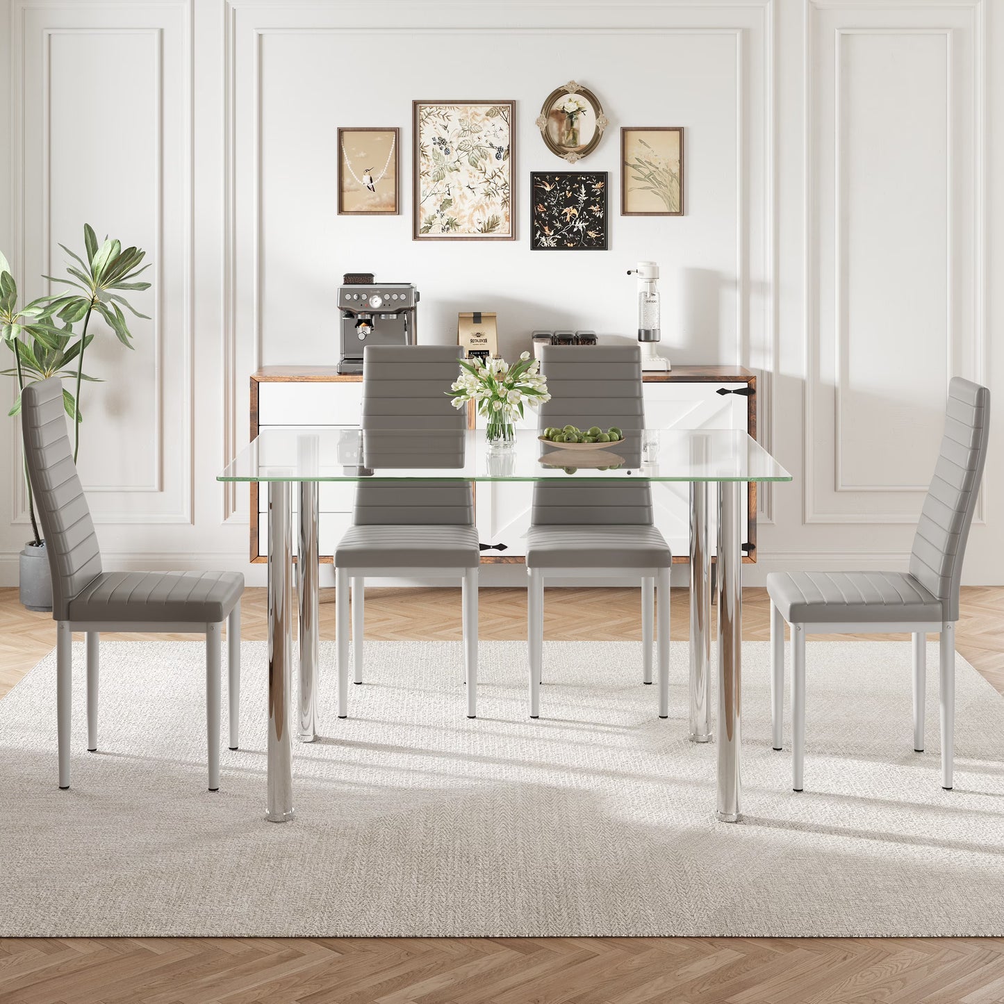 PAPROOS Dining Table Set for 4, Modern Kitchen Table Sets with Tempered Glass Dining Table and 4 PU Leather Chairs, Compact Dining Room Set for Small Space, Home Dinette Set for 4, Gray