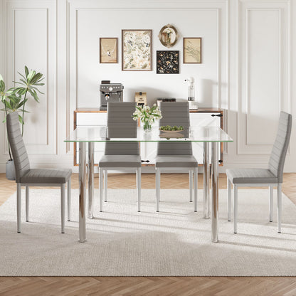 PAPROOS Dining Table Set for 4, Modern Kitchen Table Sets with Tempered Glass Dining Table and 4 PU Leather Chairs, Compact Dining Room Set for Small Space, Home Dinette Set for 4, Gray