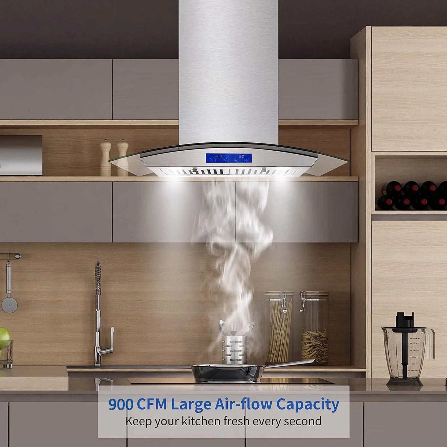 Joeaonz 30-Inch Island Range Hood 900CFM Stainless Steel with Glass Touch Control and Permanent Reusable Filters