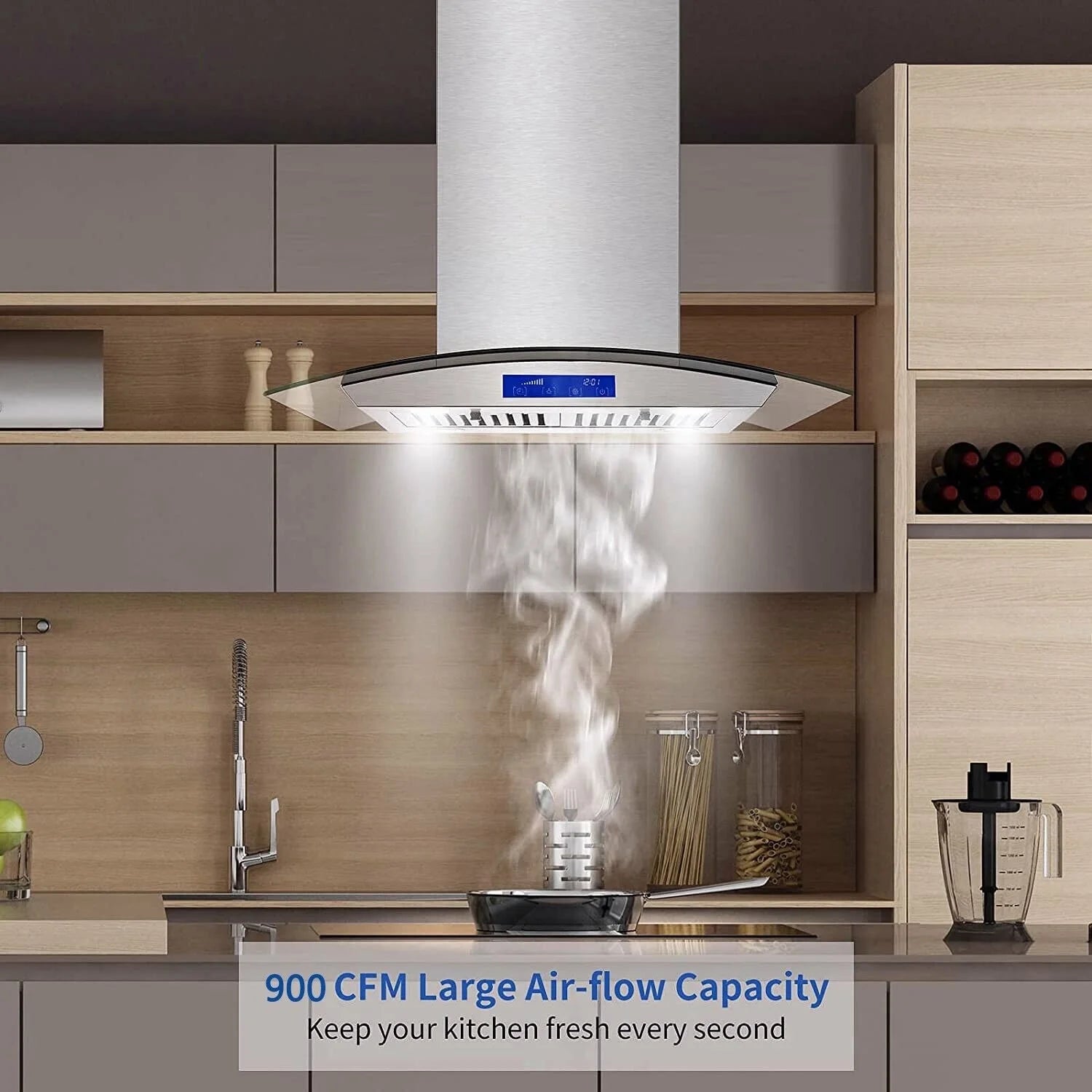 Joeaonz 30-Inch Island Range Hood 900CFM Stainless Steel with Glass Touch Control and Permanent Reusable Filters
