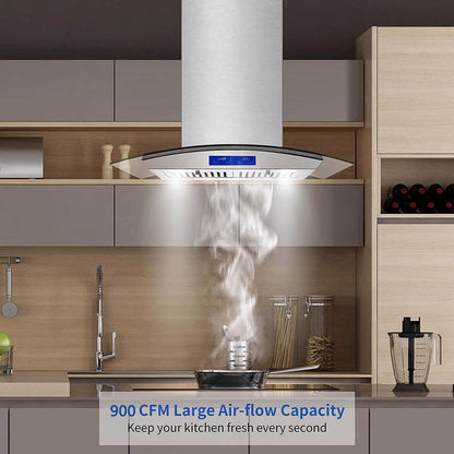 Joeaonz 30-Inch Island Range Hood 900CFM Stainless Steel with Glass Touch Control and Permanent Reusable Filters