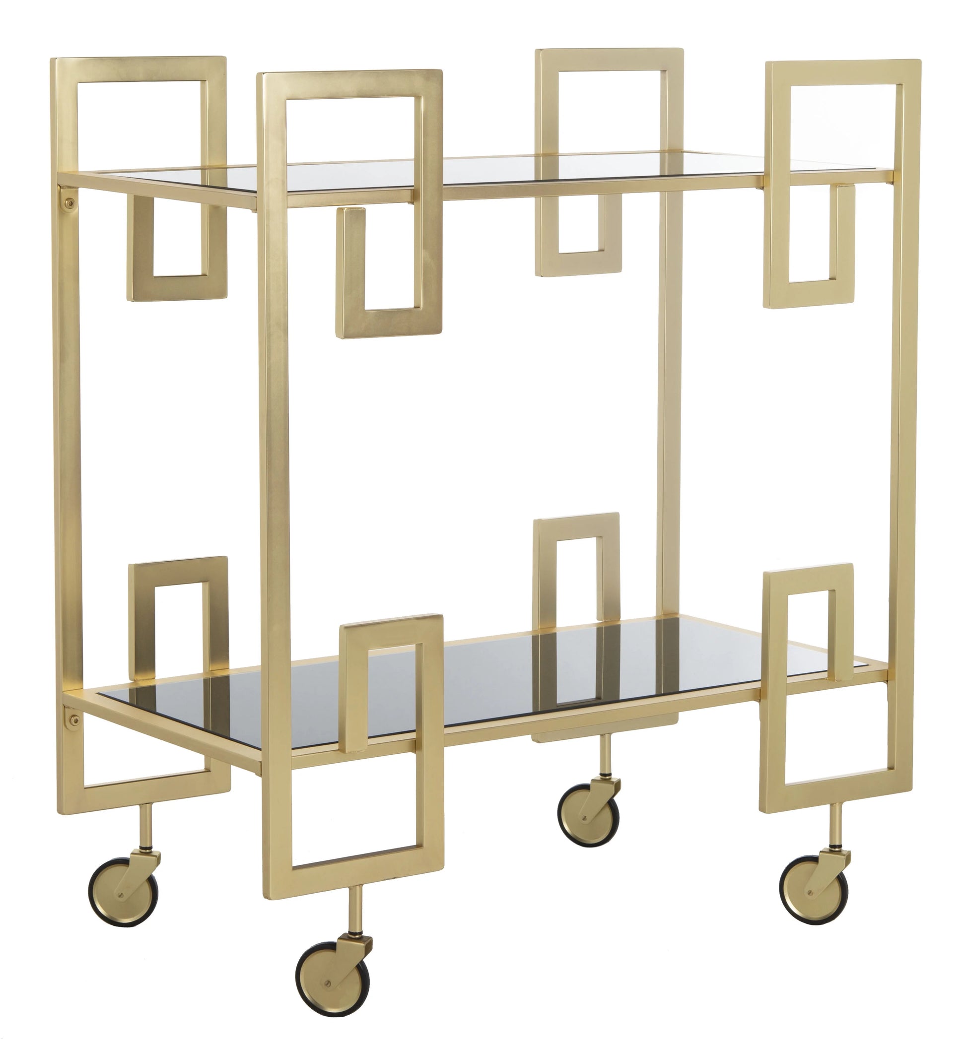 SAFAVIEH Eliza 2 Tier Modern Glam Rectangle Bar Cart with Casters, Brass/Black Glass