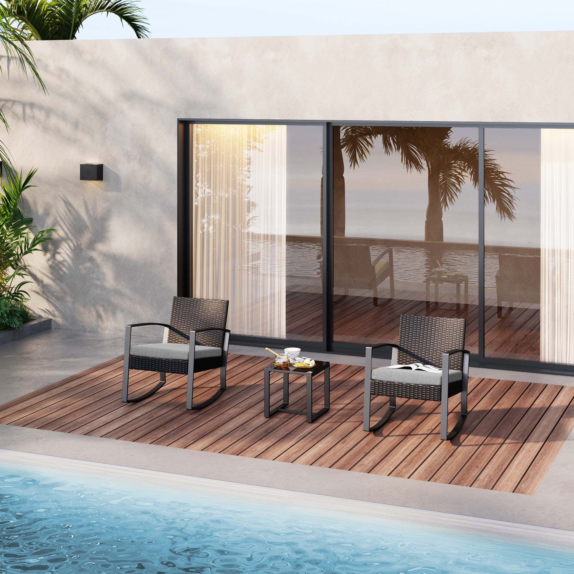 3 Pieces Wicker Patio Set Outdoor Chair Set with Glass Table Rattan Chair Modern Bistro Set for Porches and Patios, Grey Cushion