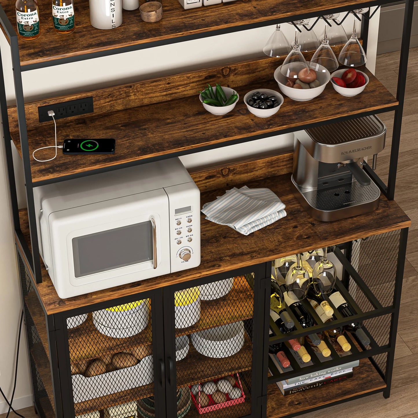 Kepooman Coffee Bar Cabinet with Power Outlet, Industrial Buffet Cabinet with LED Strip and Glass Holder, 3-Tiers Liquor Cabinet Bar for Home, Dining Room, Kitchen, Vintage Brown