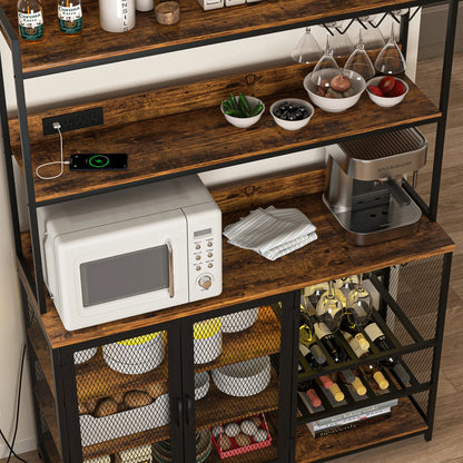 Kepooman Coffee Bar Cabinet with Power Outlet, Industrial Buffet Cabinet with LED Strip and Glass Holder, 3-Tiers Liquor Cabinet Bar for Home, Dining Room, Kitchen, Vintage Brown