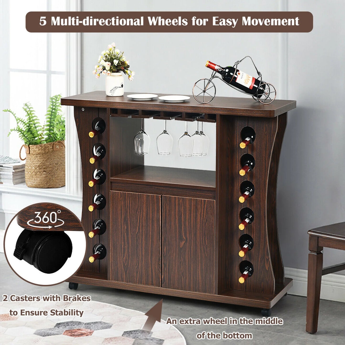 Gymax Rolling Buffet Sideboard Wooden Bar Storage Cabinet w/Wine Rack & Glass Holder