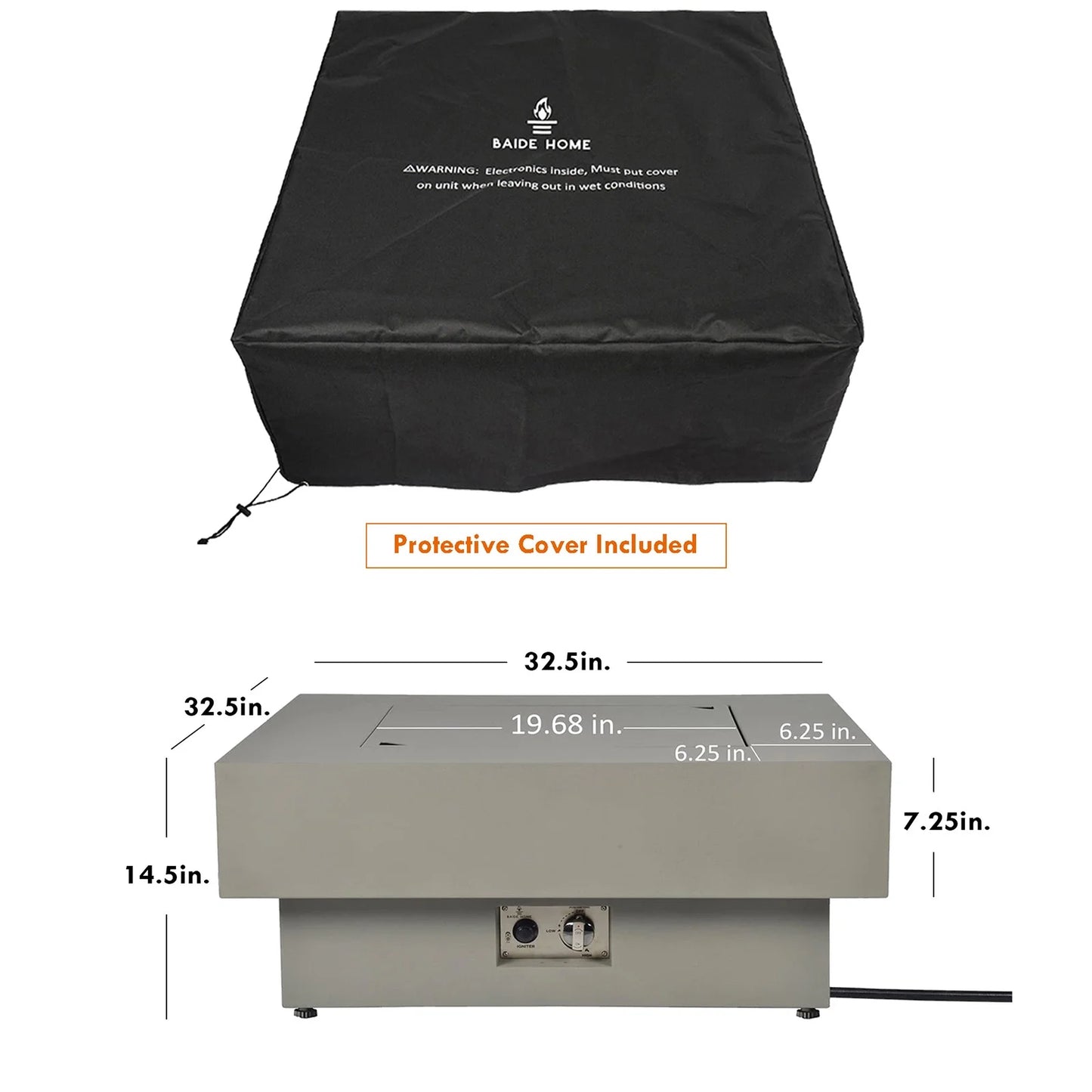 BAIDE HOME 32.5" Square Steel Low Profile Gas Fire Pit Table, 50,000 BTU Outdoor Propane Fire Pit with Lid, Glass Rocks, Cover, Pre-attached 10ft Propane Hose