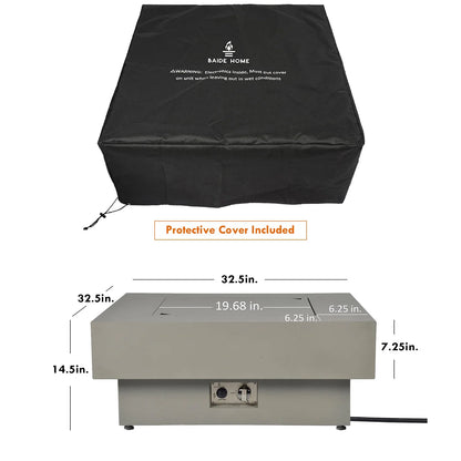 BAIDE HOME 32.5" Square Steel Low Profile Gas Fire Pit Table, 50,000 BTU Outdoor Propane Fire Pit with Lid, Glass Rocks, Cover, Pre-attached 10ft Propane Hose