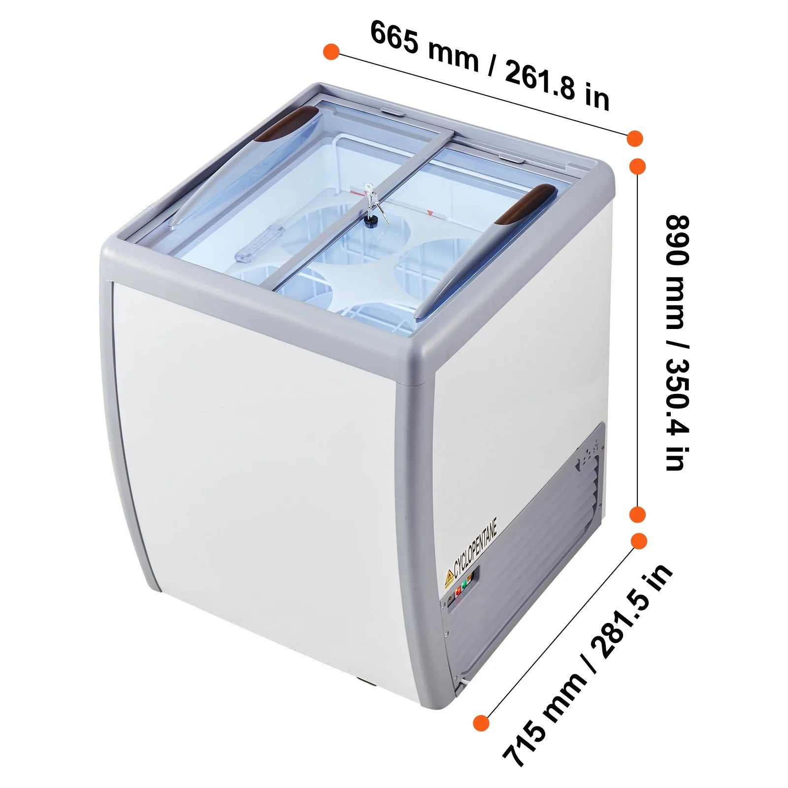 KFFKFF Professional Ice Cream Showcase, 5.6 Cubic Feet Storage Freezer, Portable Transparent Lid Deep Freezer, Diner Gelato Storage Cabinet with 4 Spacious Tubs, Dual Slide Glass Doors, Secure Wheels