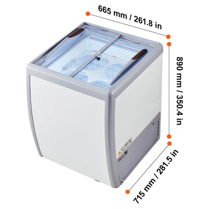 KFFKFF Professional Ice Cream Showcase, 5.6 Cubic Feet Storage Freezer, Portable Transparent Lid Deep Freezer, Diner Gelato Storage Cabinet with 4 Spacious Tubs, Dual Slide Glass Doors, Secure Wheels