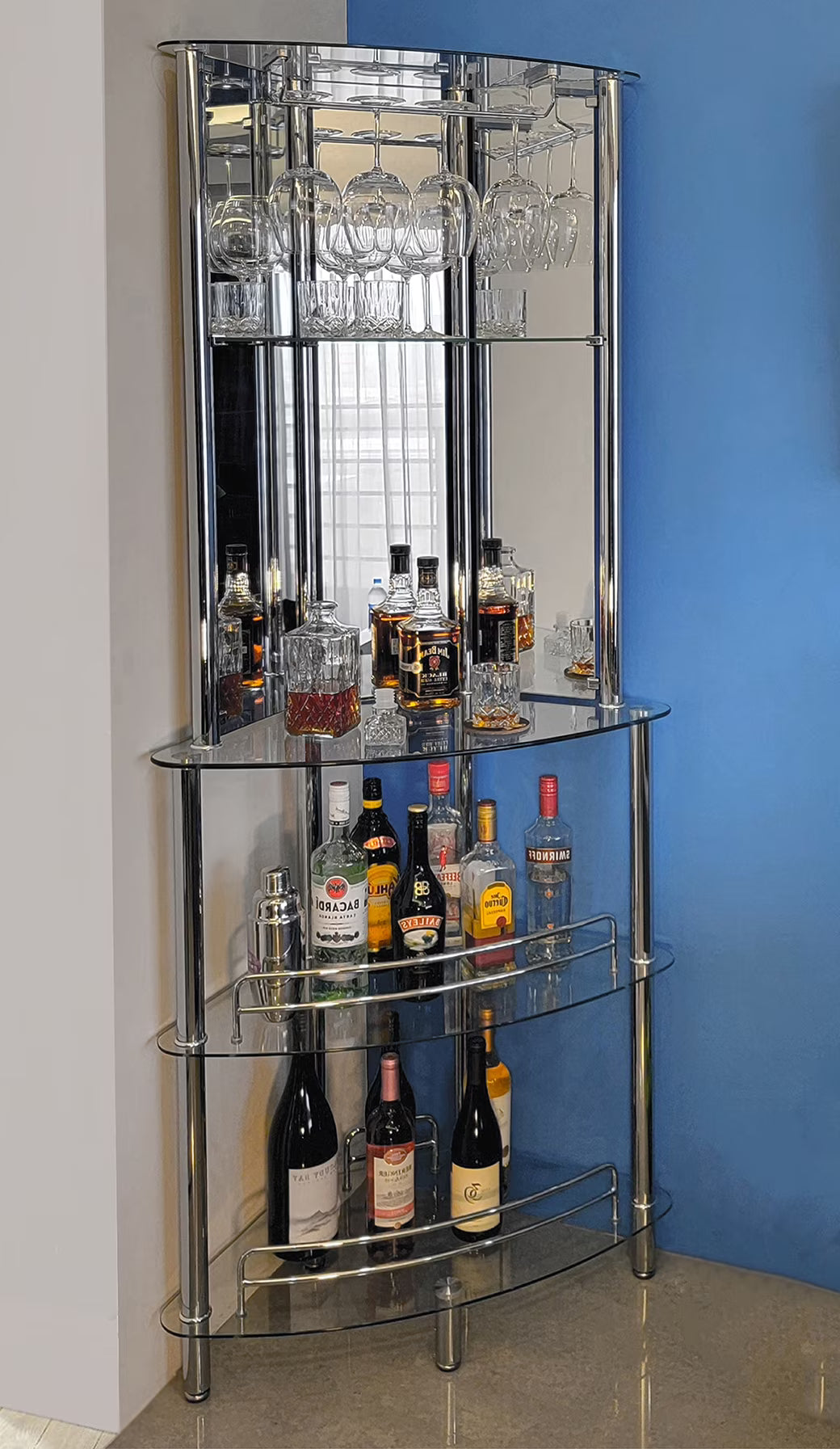 Mango Steam Contemporary Home Bar Liquor Table | Modern Clear Tempered Glass Shelves | 41" H x 47" L x 13.6" D
