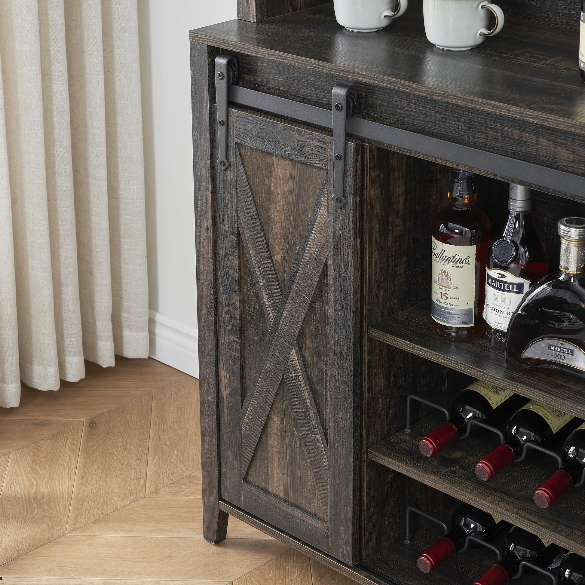 Faitaliicy Tall Farmhouse Bar Cabinet With Sliding Barn Door Rustic Buffet Cabinet Large Kitchen Buffet Liquor Cabinet With Wine And Glasses Rack Coffee Bar Sideboard Table For Kitchen Dining Room